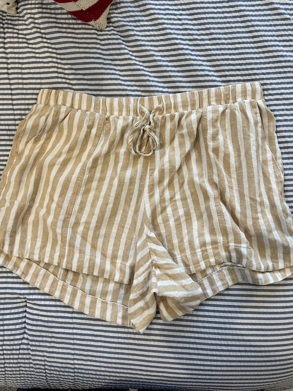Linen Blend Striped Cream and Tan Women's Drawstring Shorts
